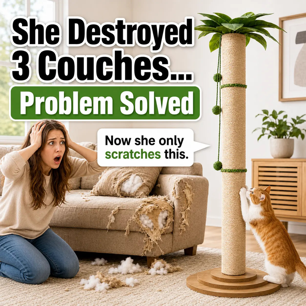 Oversized 63-Inch Extra Tall Cat Scratching Post with Natural Sisal Rope, Sturdy 3-Layer Wooden Base, Interactive Hanging Toys, and Leafy Canopy for Large Indoor Cats