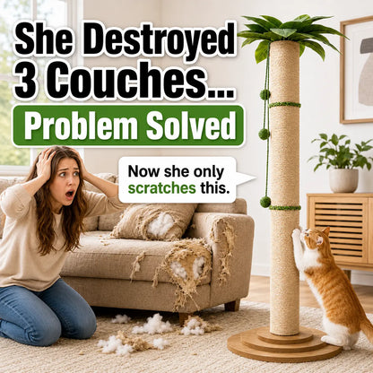 Oversized 63-Inch Extra Tall Cat Scratching Post with Natural Sisal Rope, Sturdy 3-Layer Wooden Base, Interactive Hanging Toys, and Leafy Canopy for Large Indoor Cats