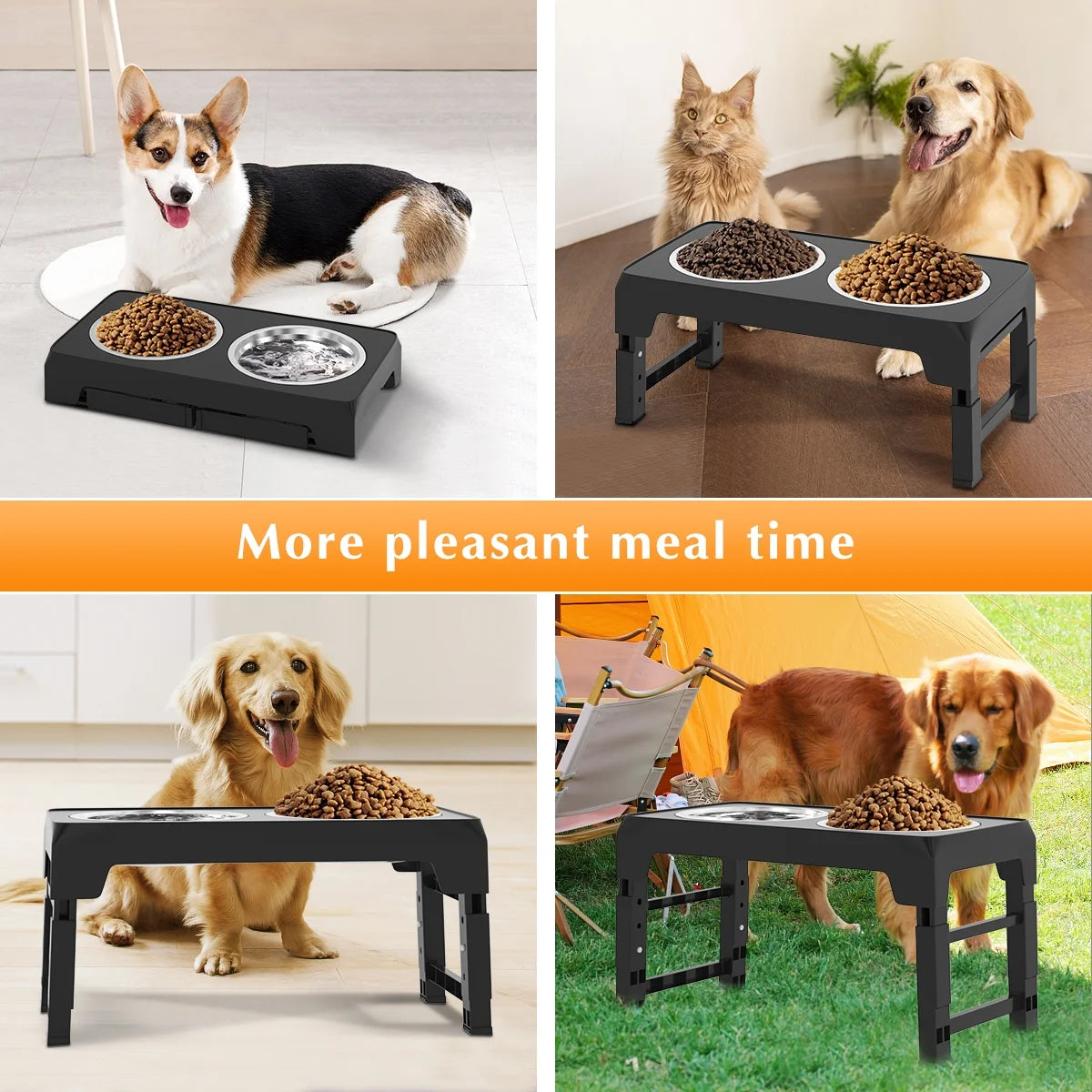 Adjustable Elevated Dog Bowl Stand with Two 42oz Stainless Steel Bowls for Small, Medium, and Large Dogs and Cats