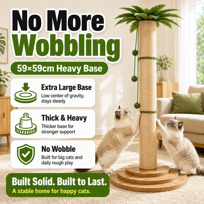 Oversized 63-Inch Extra Tall Cat Scratching Post with Natural Sisal Rope, Sturdy 3-Layer Wooden Base, Interactive Hanging Toys, and Leafy Canopy for Large Indoor Cats