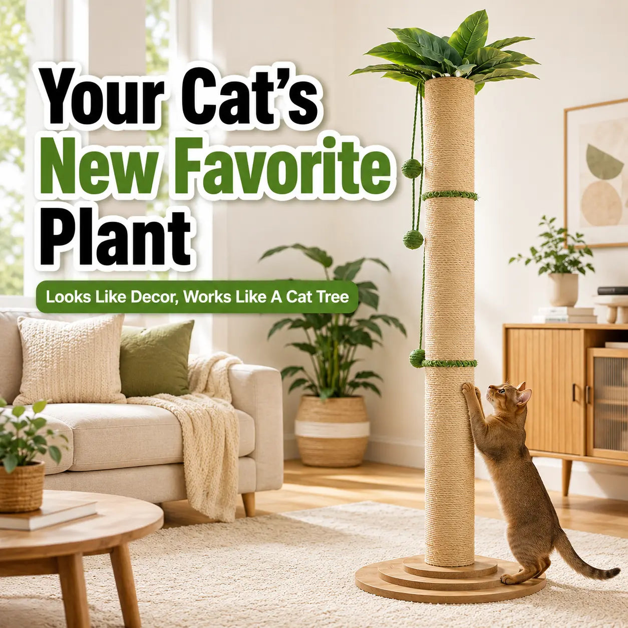 Oversized 63-Inch Extra Tall Cat Scratching Post with Natural Sisal Rope, Sturdy 3-Layer Wooden Base, Interactive Hanging Toys, and Leafy Canopy for Large Indoor Cats