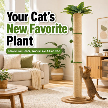 Oversized 63-Inch Extra Tall Cat Scratching Post with Natural Sisal Rope, Sturdy 3-Layer Wooden Base, Interactive Hanging Toys, and Leafy Canopy for Large Indoor Cats