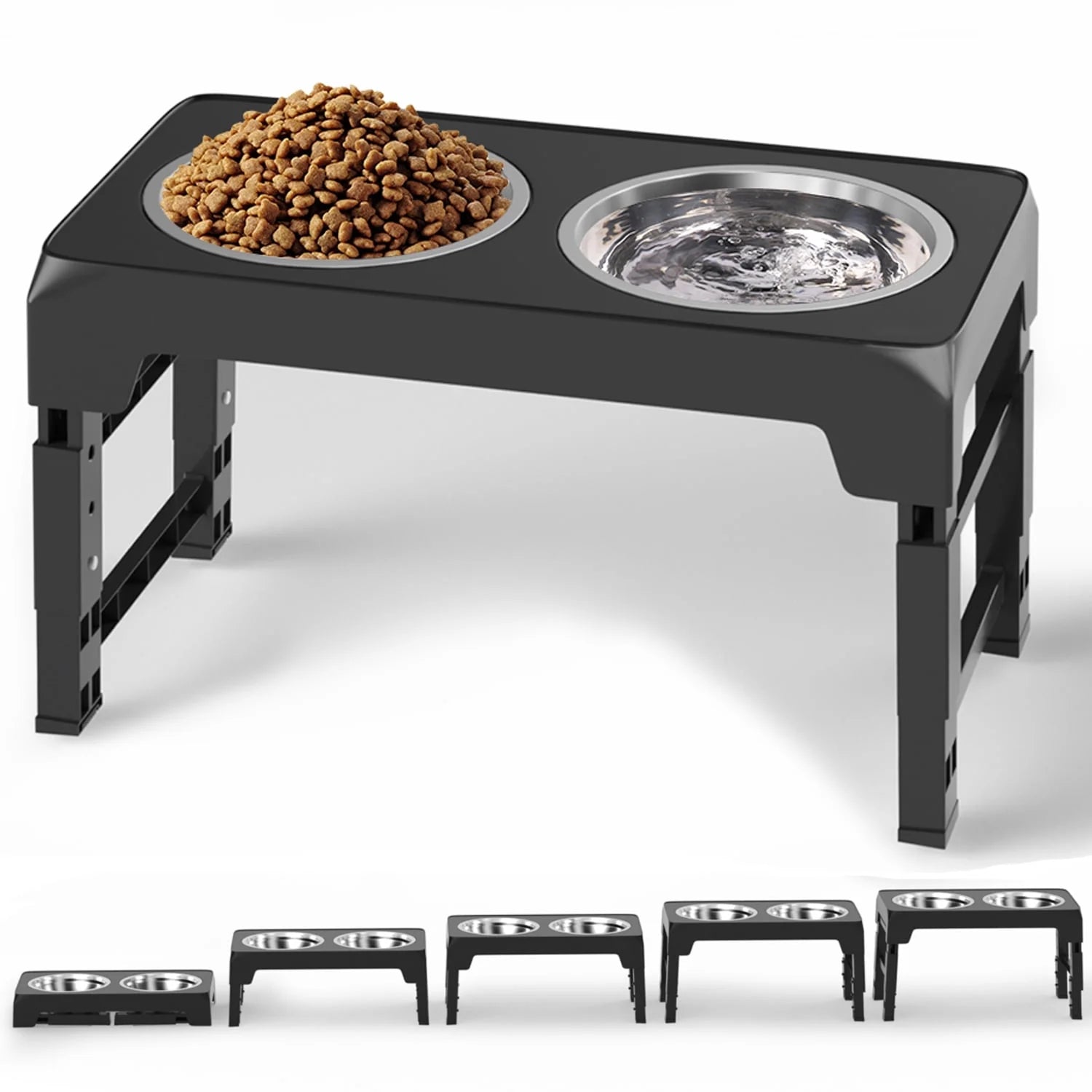 Adjustable Elevated Dog Bowl Stand with Two 42oz Stainless Steel Bowls for Small, Medium, and Large Dogs and Cats