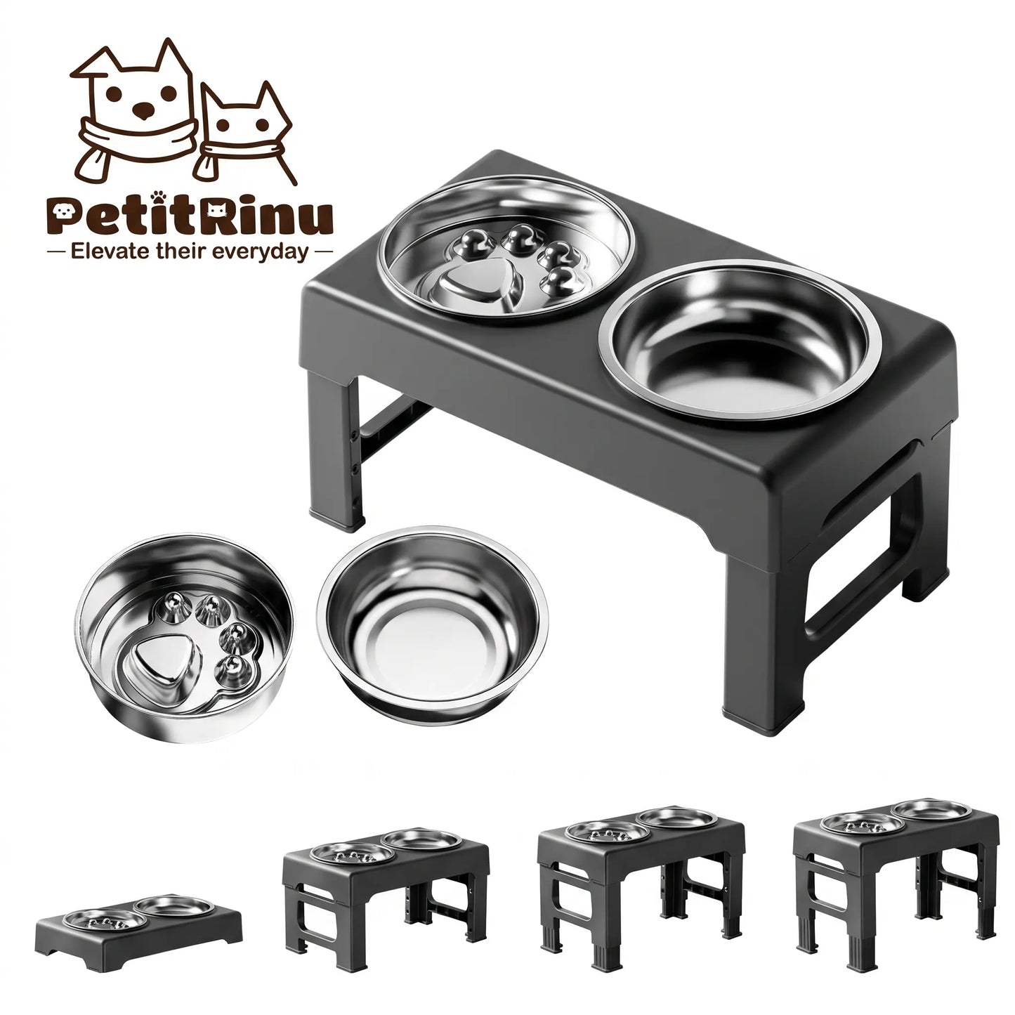 PETITRINU Adjustable Elevated Dog Bowls for Large Breeds - Stainless Steel Slow Feeder with Height-Adjustable Stand (21-27 cm / 8.3-10.6"), 17.1" Wide Anti-Slip No-Spill Design for Enhanced Neck Support and Healthy Digestion