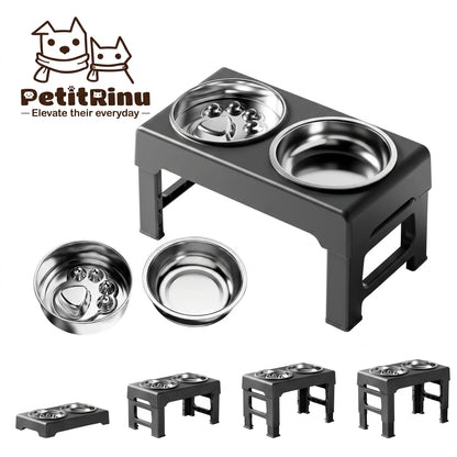 PETITRINU Adjustable Elevated Dog Bowls for Large Breeds - Stainless Steel Slow Feeder with Height-Adjustable Stand (21-27 cm / 8.3-10.6"), 17.1" Wide Anti-Slip No-Spill Design for Enhanced Neck Support and Healthy Digestion