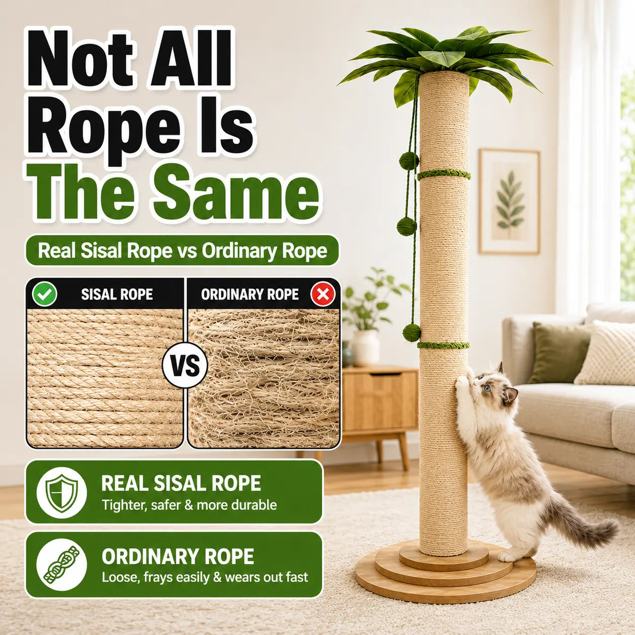 Oversized 63-Inch Extra Tall Cat Scratching Post with Natural Sisal Rope, Sturdy 3-Layer Wooden Base, Interactive Hanging Toys, and Leafy Canopy for Large Indoor Cats