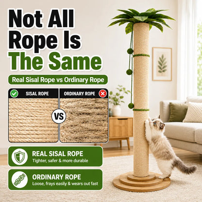 Oversized 63-Inch Extra Tall Cat Scratching Post with Natural Sisal Rope, Sturdy 3-Layer Wooden Base, Interactive Hanging Toys, and Leafy Canopy for Large Indoor Cats