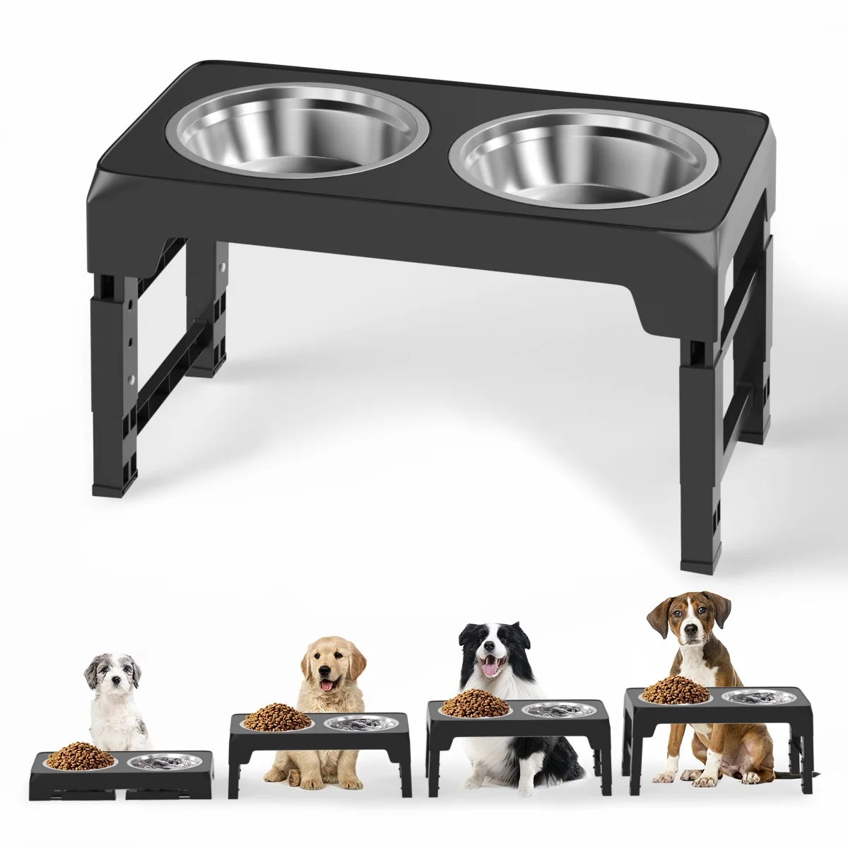 Adjustable Elevated Dog Bowl Stand with Two 42oz Stainless Steel Bowls for Small, Medium, and Large Dogs and Cats