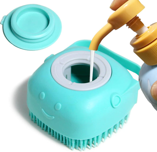 Soft Silicone Pet Bath Brush with Shampoo Dispenser for Dogs and Cats - Grooming Shower Scrubber (Blue)