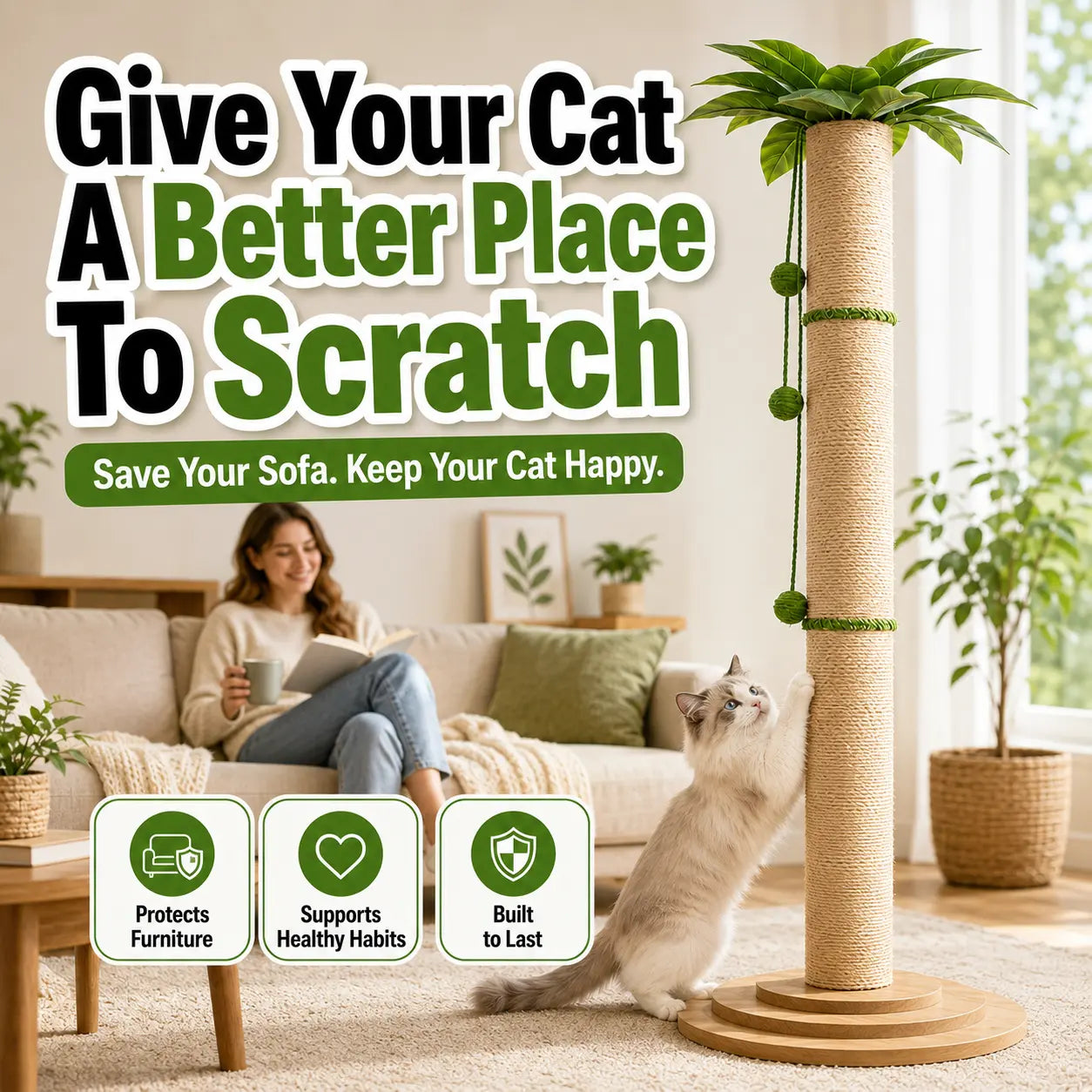 Oversized 63-Inch Extra Tall Cat Scratching Post with Natural Sisal Rope, Sturdy 3-Layer Wooden Base, Interactive Hanging Toys, and Leafy Canopy for Large Indoor Cats