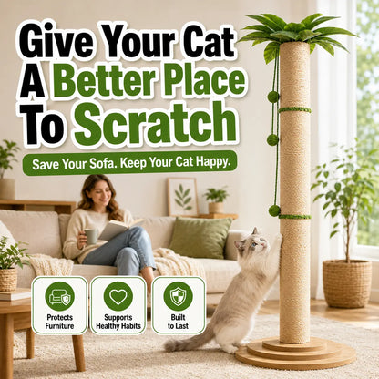 Oversized 63-Inch Extra Tall Cat Scratching Post with Natural Sisal Rope, Sturdy 3-Layer Wooden Base, Interactive Hanging Toys, and Leafy Canopy for Large Indoor Cats
