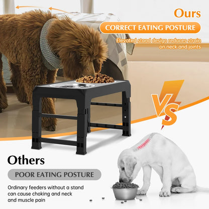 Adjustable Elevated Dog Bowl Stand with Two 42oz Stainless Steel Bowls for Small, Medium, and Large Dogs and Cats