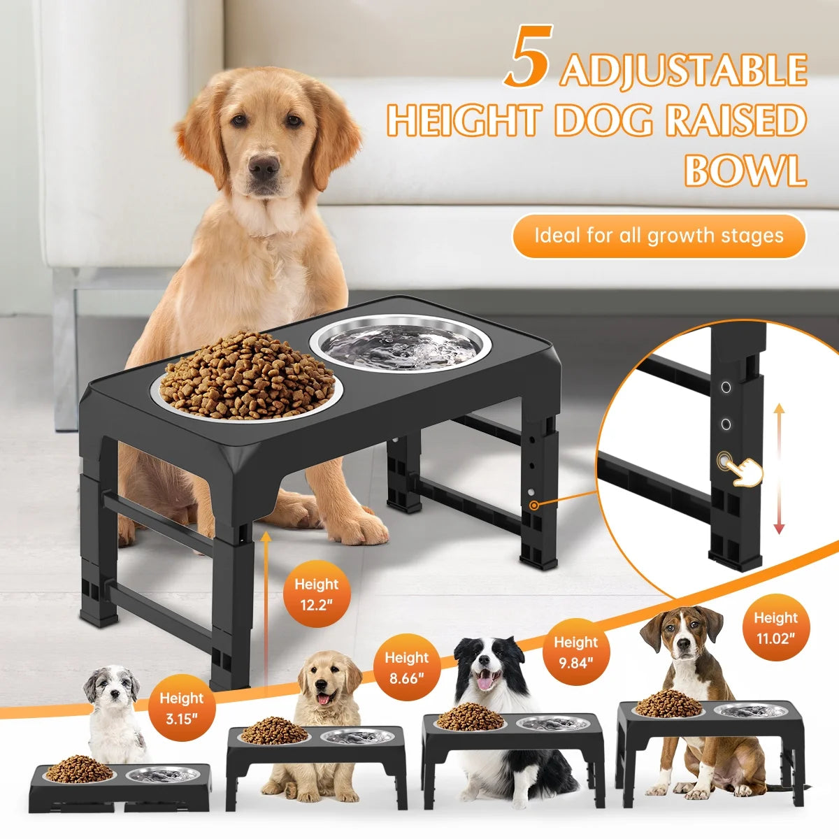 Adjustable Elevated Dog Bowl Stand with Two 42oz Stainless Steel Bowls for Small, Medium, and Large Dogs and Cats
