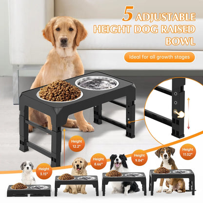 Adjustable Elevated Dog Bowl Stand with Two 42oz Stainless Steel Bowls for Small, Medium, and Large Dogs and Cats