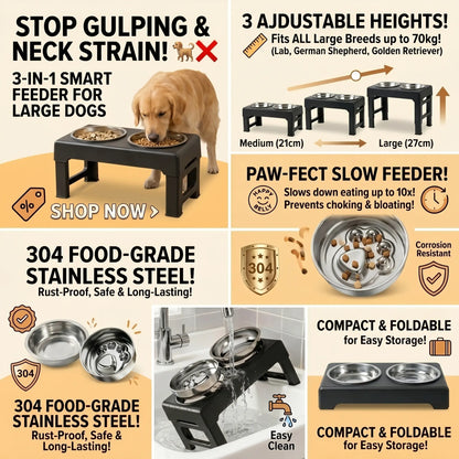 PETITRINU Adjustable Elevated Dog Bowls for Large Breeds - Stainless Steel Slow Feeder with Height-Adjustable Stand (21-27 cm / 8.3-10.6"), 17.1" Wide Anti-Slip No-Spill Design for Enhanced Neck Support and Healthy Digestion