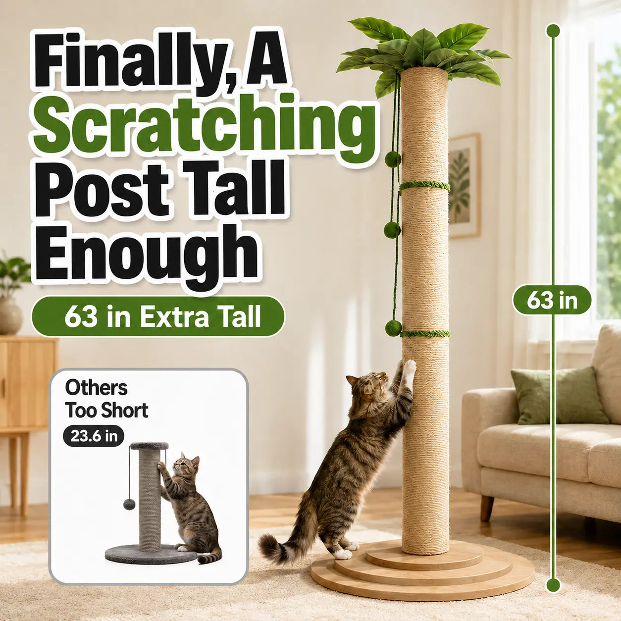 Oversized 63-Inch Extra Tall Cat Scratching Post with Natural Sisal Rope, Sturdy 3-Layer Wooden Base, Interactive Hanging Toys, and Leafy Canopy for Large Indoor Cats