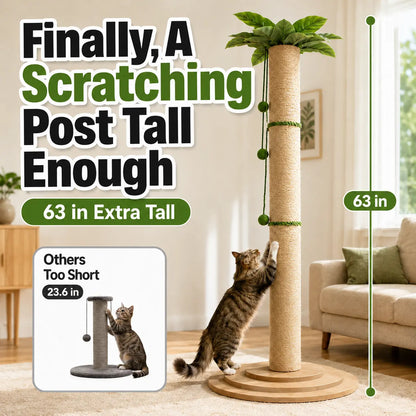 Oversized 63-Inch Extra Tall Cat Scratching Post with Natural Sisal Rope, Sturdy 3-Layer Wooden Base, Interactive Hanging Toys, and Leafy Canopy for Large Indoor Cats