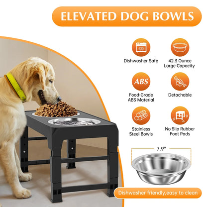 Adjustable Elevated Dog Bowl Stand with Two 42oz Stainless Steel Bowls for Small, Medium, and Large Dogs and Cats