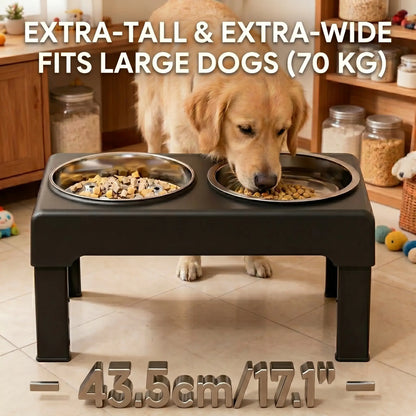 PETITRINU Adjustable Elevated Dog Bowls for Large Breeds - Stainless Steel Slow Feeder with Height-Adjustable Stand (21-27 cm / 8.3-10.6"), 17.1" Wide Anti-Slip No-Spill Design for Enhanced Neck Support and Healthy Digestion