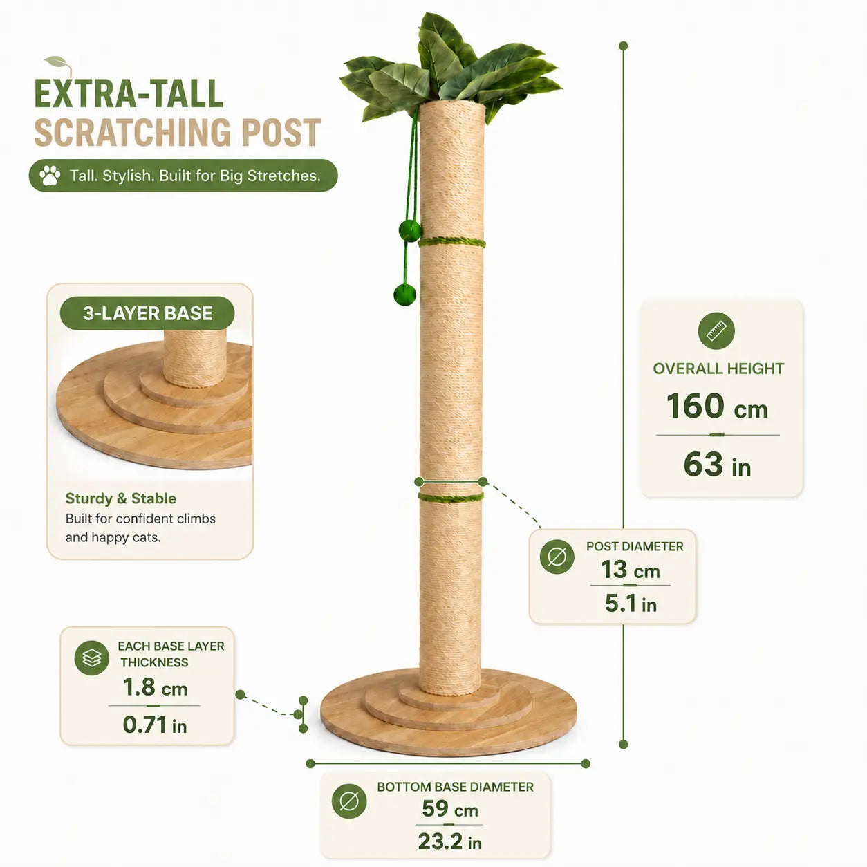 Oversized 63-Inch Extra Tall Cat Scratching Post with Natural Sisal Rope, Sturdy 3-Layer Wooden Base, Interactive Hanging Toys, and Leafy Canopy for Large Indoor Cats