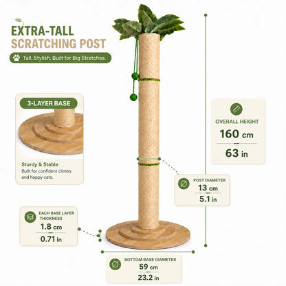 Oversized 63-Inch Extra Tall Cat Scratching Post with Natural Sisal Rope, Sturdy 3-Layer Wooden Base, Interactive Hanging Toys, and Leafy Canopy for Large Indoor Cats