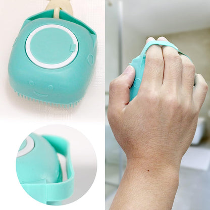 Soft Silicone Pet Bath Brush with Shampoo Dispenser for Dogs and Cats - Grooming Shower Scrubber (Blue)