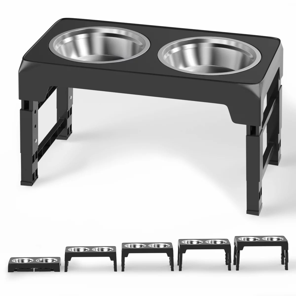 Adjustable Elevated Dog Bowl Stand with Two 42oz Stainless Steel Bowls for Small, Medium, and Large Dogs and Cats