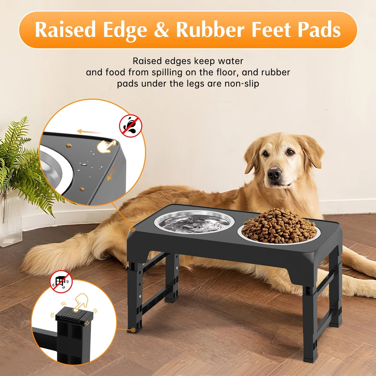 Adjustable Elevated Dog Bowl Stand with Two 42oz Stainless Steel Bowls for Small, Medium, and Large Dogs and Cats