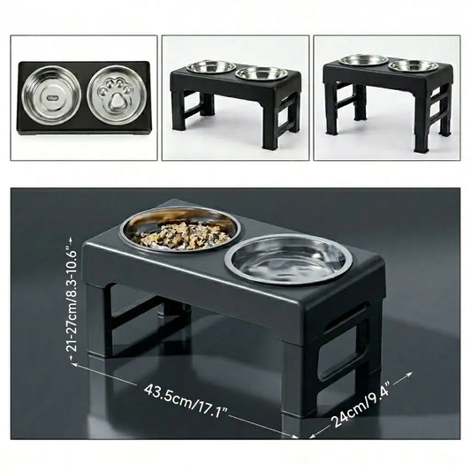 PETITRINU Adjustable Elevated Dog Bowls for Large Breeds - Stainless Steel Slow Feeder with Height-Adjustable Stand (21-27 cm / 8.3-10.6"), 17.1" Wide Anti-Slip No-Spill Design for Enhanced Neck Support and Healthy Digestion